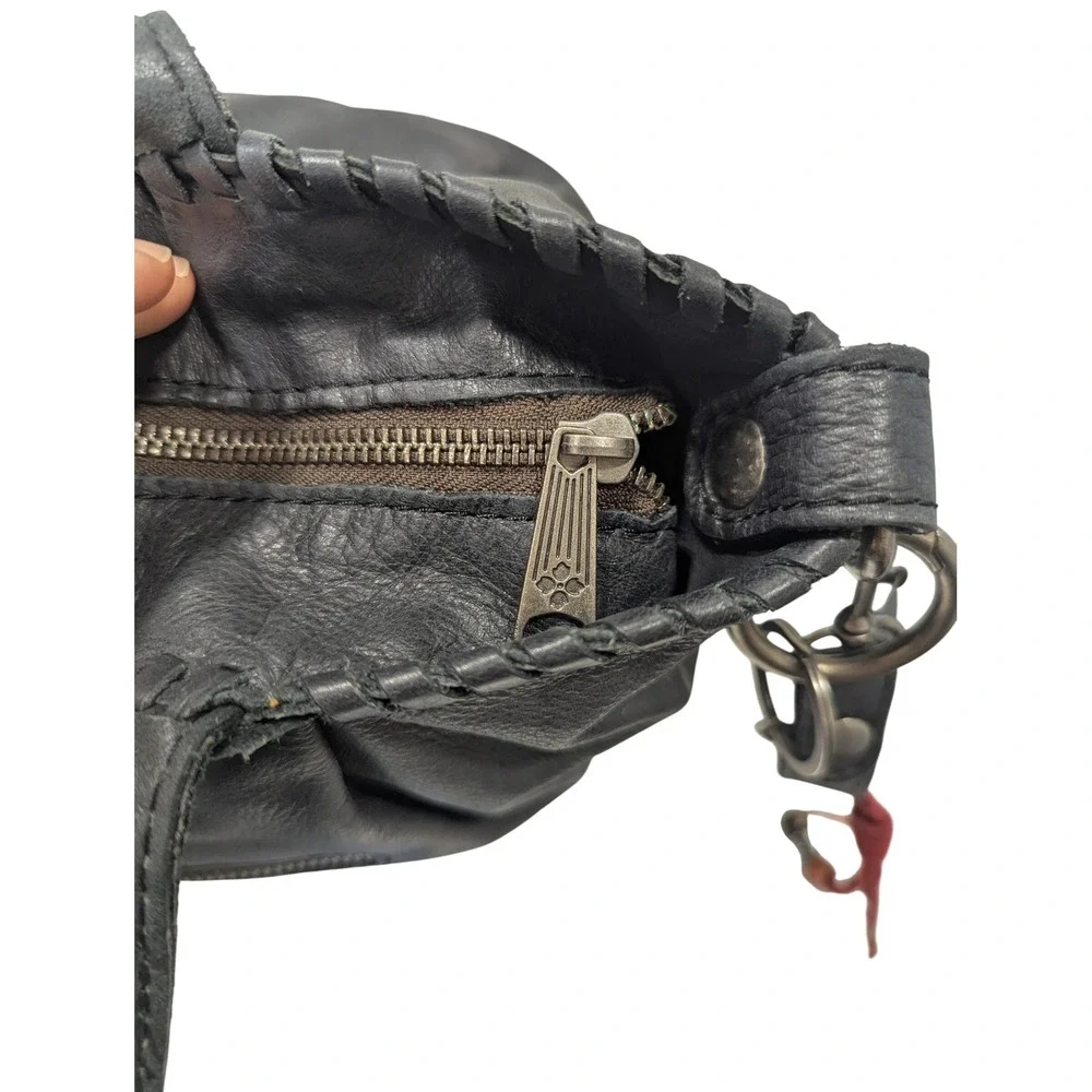 Patricia Nash Black Leather Whipstitch Satchel Crossbody Bag with Feather Charm